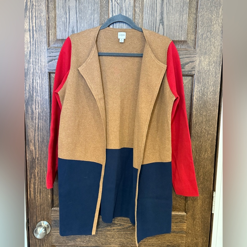 J. Crew Colorblock Open-Front Cardigan in Camel, Navy & Red